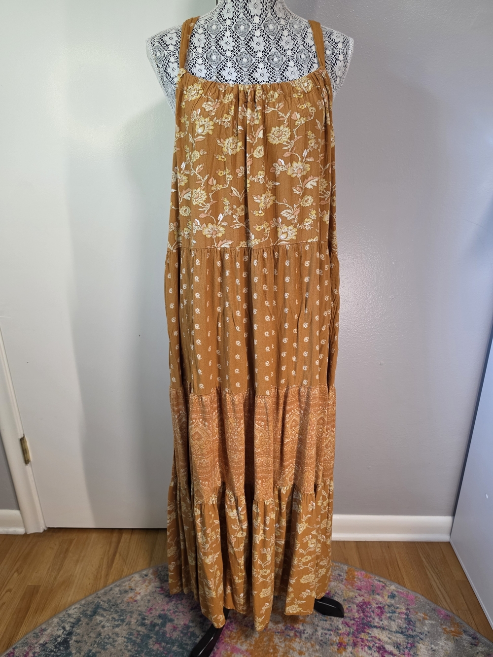Wonderly Mustard Floral Tiered Maxi Dress XL Rayon Boho Cottagecore